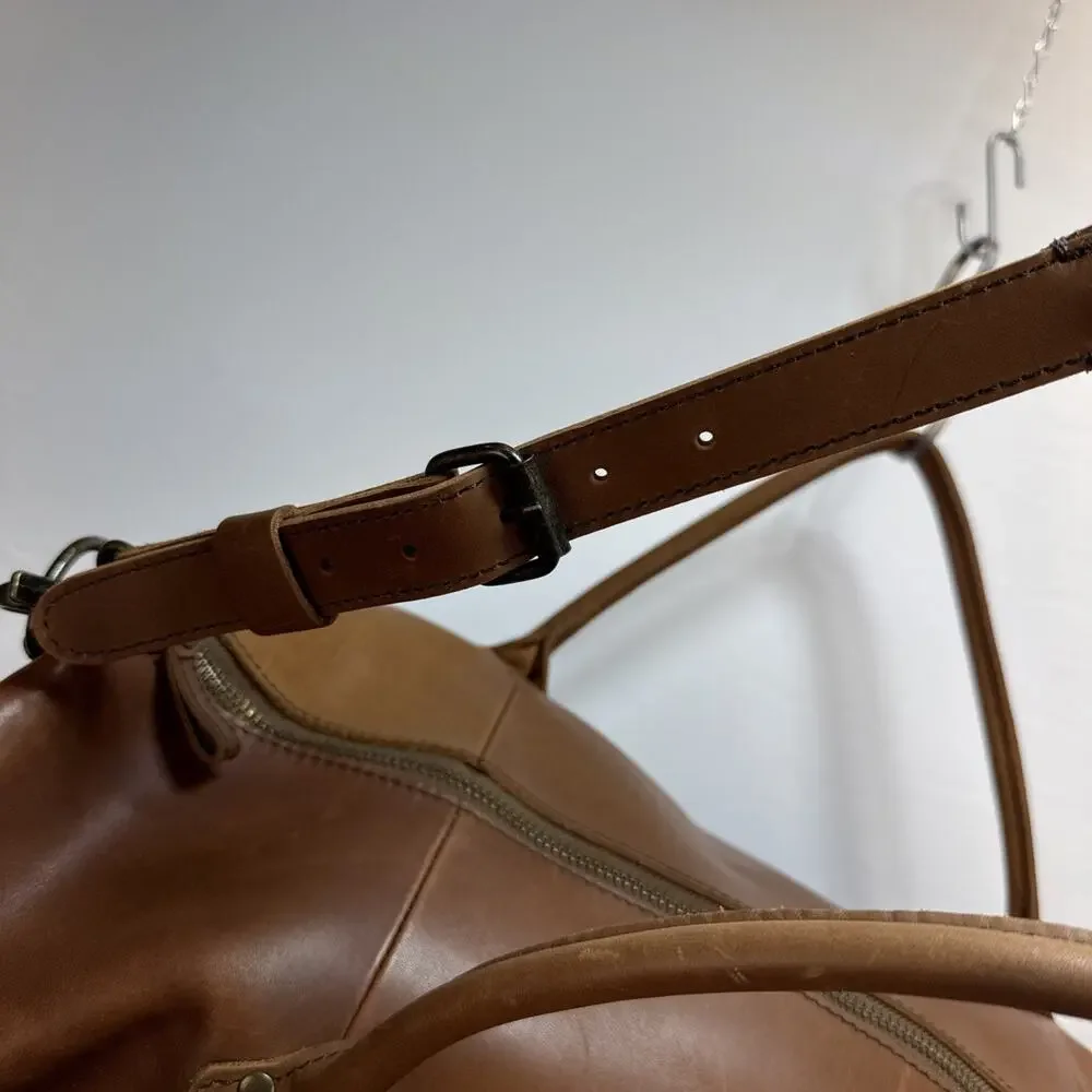 L.L. Bean Signature Cognac Brown Leather‎ Travel Duffle Weekender Canvas Lined